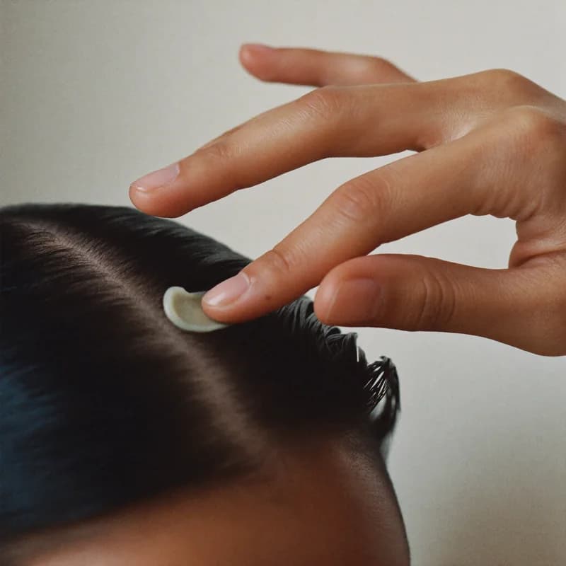 Application d'une noisette de soin du bout des doigts, le long de la raie