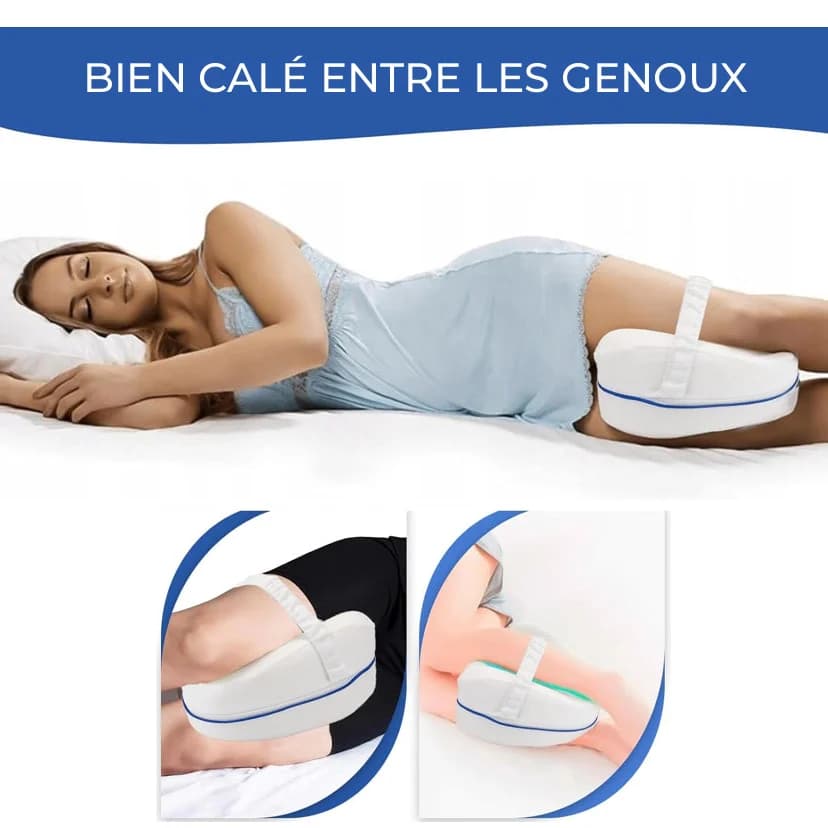 Le coussin calé entre les genoux grâce à sa sangle